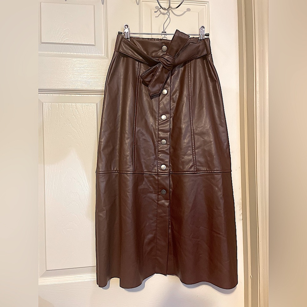 Cato Women’s Brown Faux Leather Belted Midi Skirt